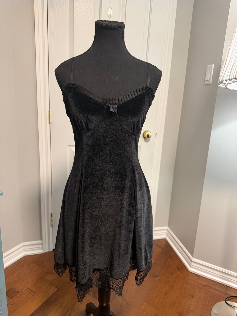 Black Velvet Slip Dress with Lace Trim